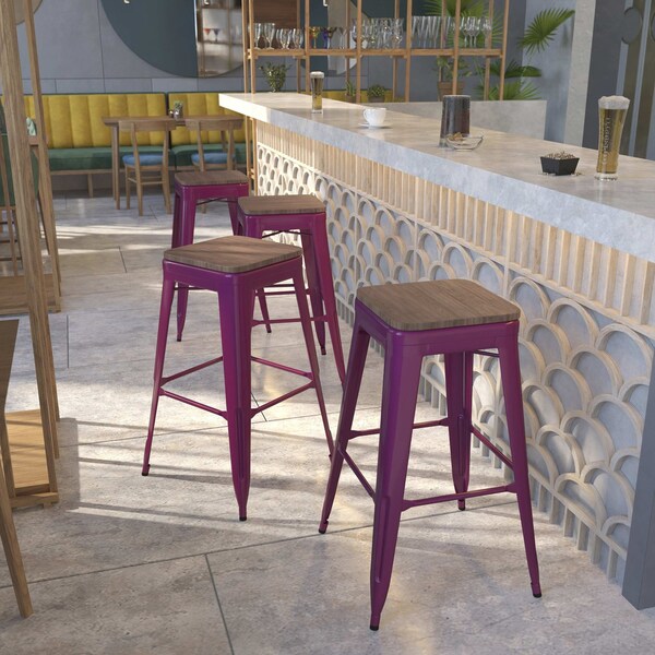 Flash Furniture Backless Purple Barstool with Square Wood Seat, 30" High, PK4 4-ET-BT3503-30-PUR-WD-GG - main